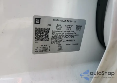 2019 Chevrolet Tahoe z USA, uszkodzony, nr VIN 1GNSCBKCXKR212039